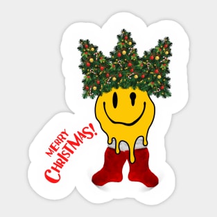 Smiley Face with Christmas Tree Hat and Christmas Stocking | Merry Xmas Sticker